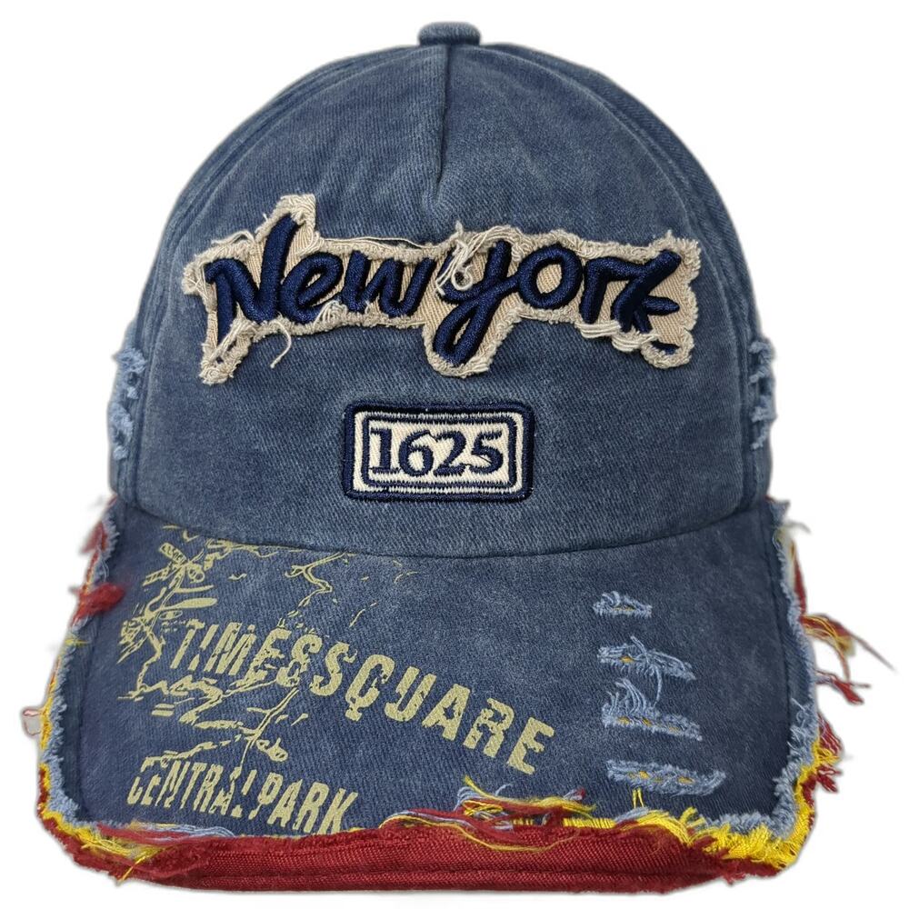 BJB 5 Panel Blue One Size New York Distressed Frayed Denim Graphic Slideback hat
